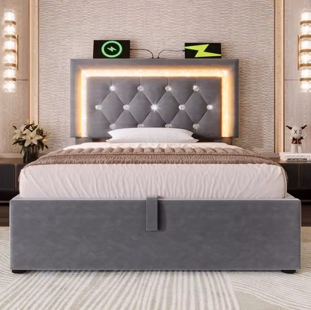 Letto imbottito 90x200 cm in velluto grigio con LED; USB Type-C; contenitore e materasso