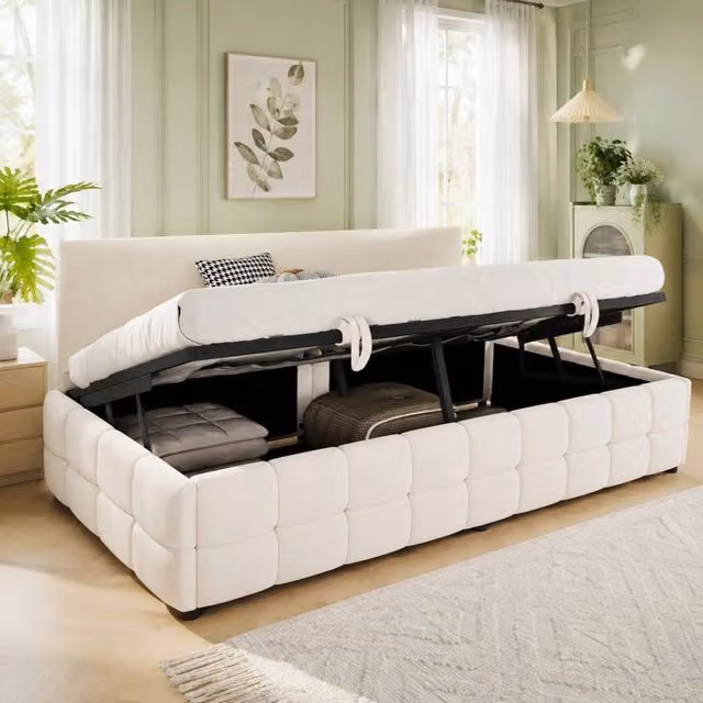 Letto singolo imbottito beige 90x200 cm con contenitore idraulico e schienale