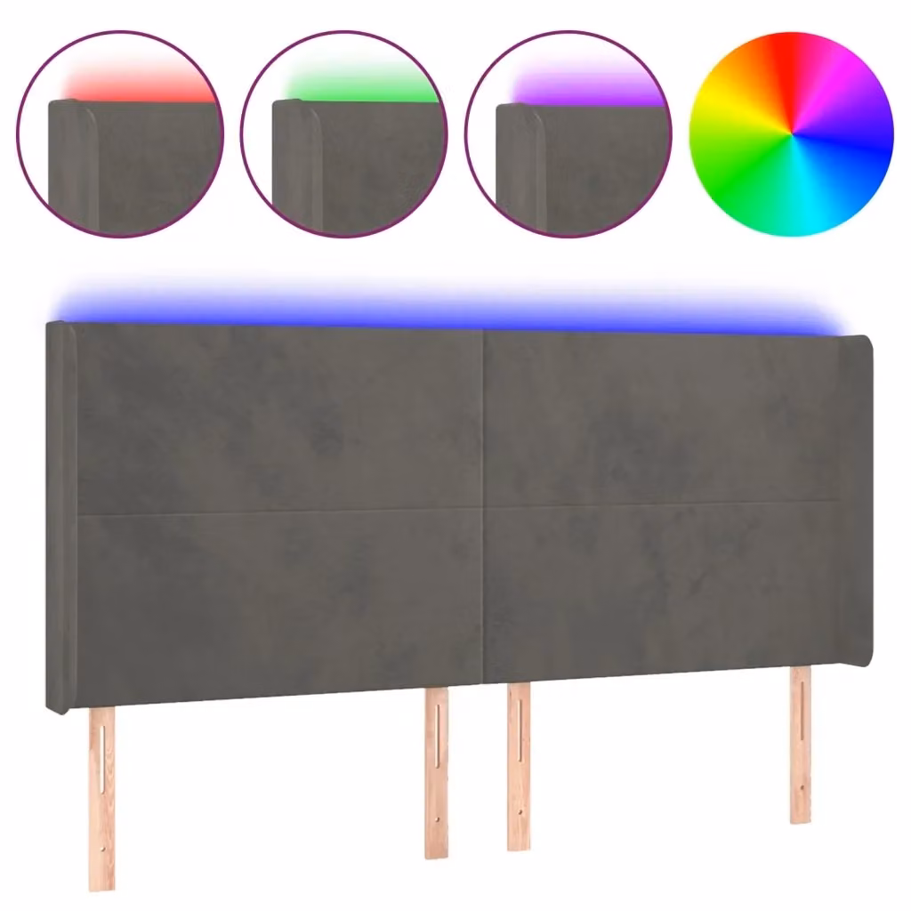 Testiera con LED e porta USB vidaXL in velluto grigio, L 203 cm x H 118/128 cm x P 16 cm – 2