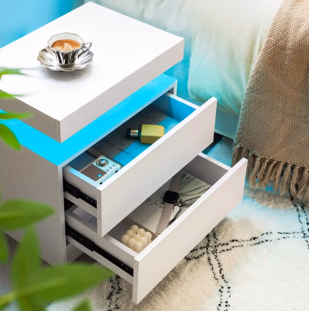 Comodino moderno MODFU con luci LED regolabili, 2 cassetti e vano aperto, bianco opaco – 2