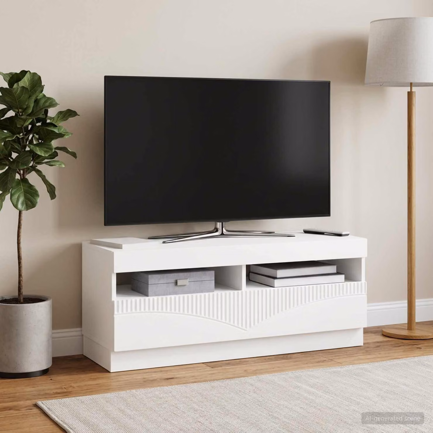 Mobile TV LED vidaXL moderno in legno MDF bianco con illuminazione integrata e scomparti multimediali