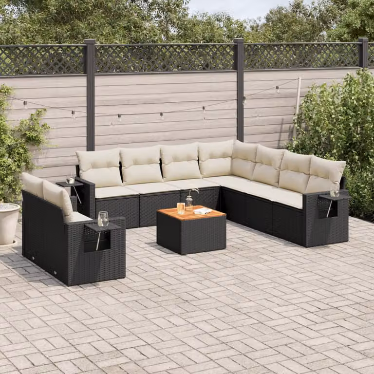 vidaXL Set Divani da Giardino a Forma di L in Polyrattan Nero con Cuscini e Tavolino da Esterno