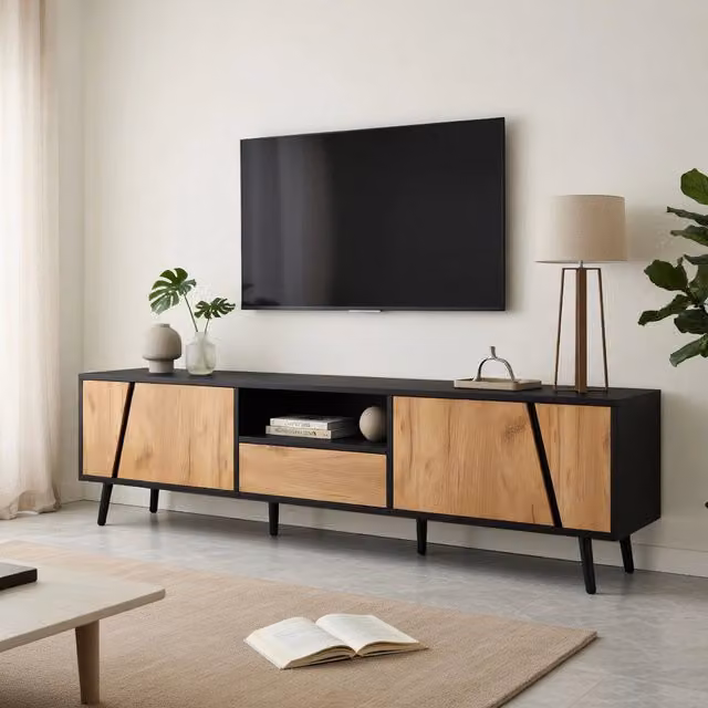 Lowboard TV KOMHTOM moderno in nero e legno naturale L: 180 cm, P: 40 cm, H: 46 cm