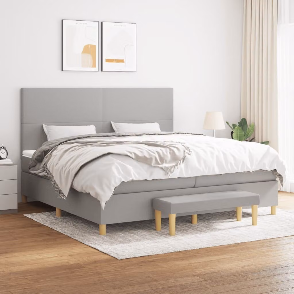 The Living Store Letto a molle con materasso grigio chiaro 200x200 cm in tessuto
