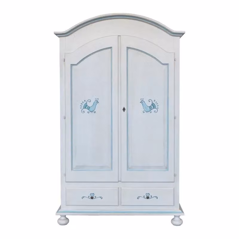 Armadio 2 porte in legno stile shabby chic bianco anticato con decoro pavoncella azzurro Mobili 2G L/P/H: 125 x 61 x 200 cm – 3
