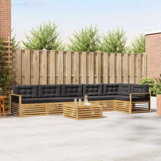 Set di divani da esterno moderno vidaXL composto da 7 pezzi in legno di acacia con cuscini bianchi e antracite – 1