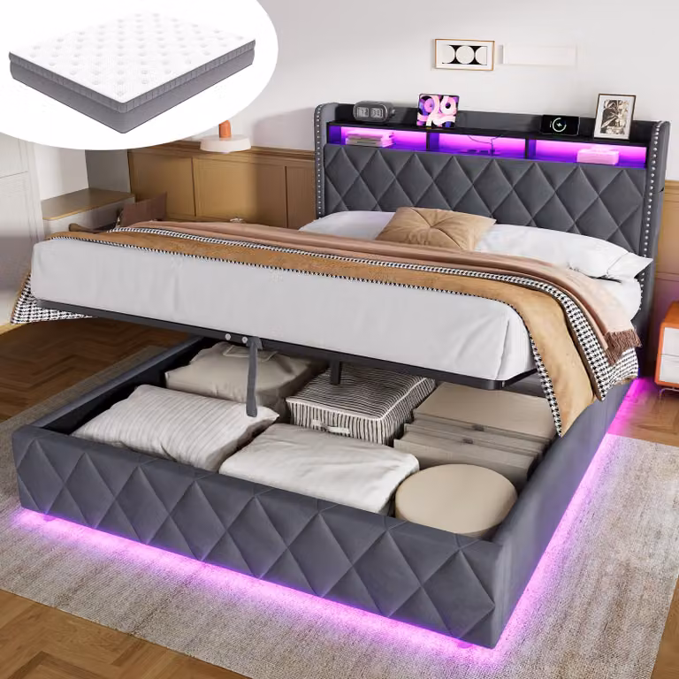 Letto imbottito MODFU 160 × 200 in velluto, completo di materasso, letto matrimoniale con spazio contenitore a sollevamento idraulico, letto multifunzionale per ragazzi con LED e testiera a forma di diamante, colore grigio
