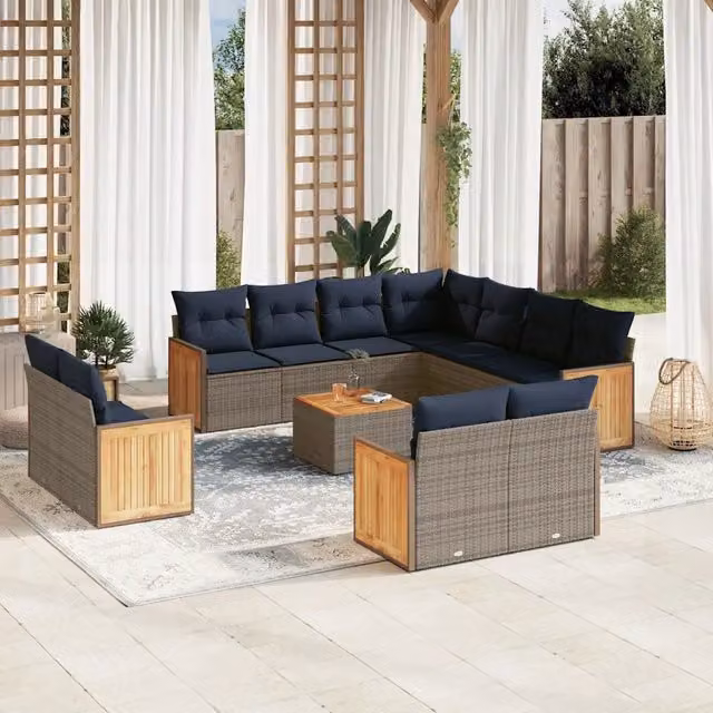 Set di Divani da Giardino a Forma di U con Tavolino vidaXL, Polyrattan e Legno di Acacia, Grigio e Blu con Cuscini Inclusi