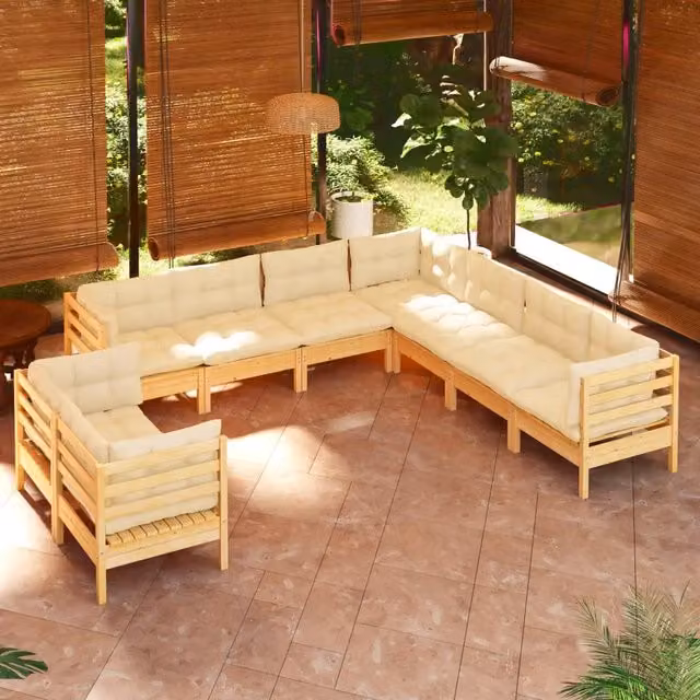 Set di Divani da Giardino a Forma di U vidaXL in Legno di Pino Massello con Cuscini Beige, 9 Pezzi – 1