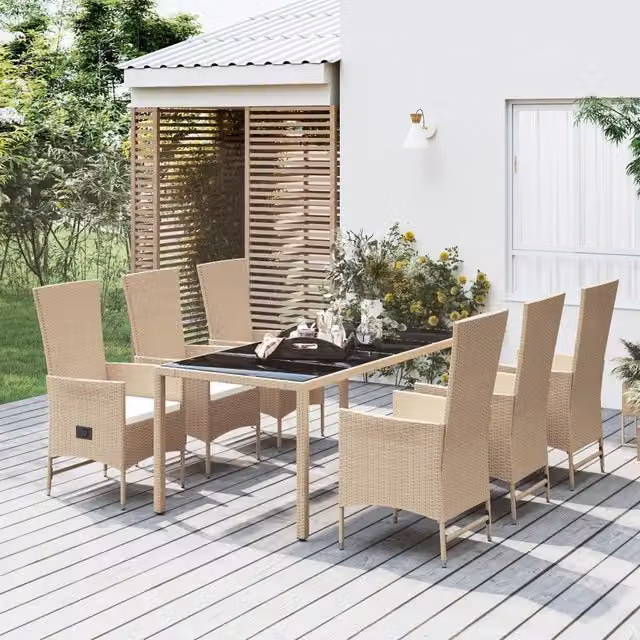 Set da pranzo da giardino vidaXL in polyrattan con tavolo in legno di acacia e vetro, 7 pezzi, beige e bianco – 1