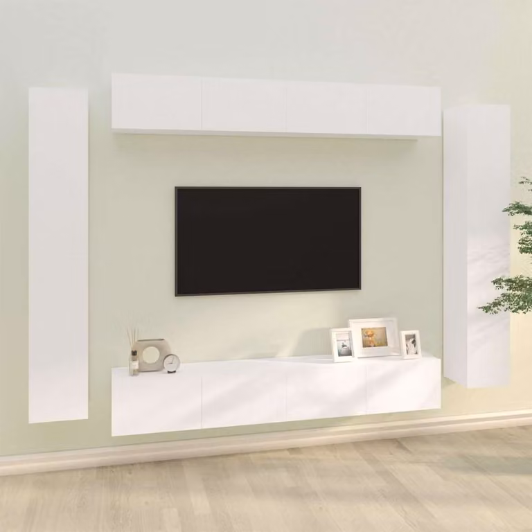 Set di mobili porta TV da 8 pezzi vidaXL in legno MDF bianco opaco per soggiorno con montaggio a parete