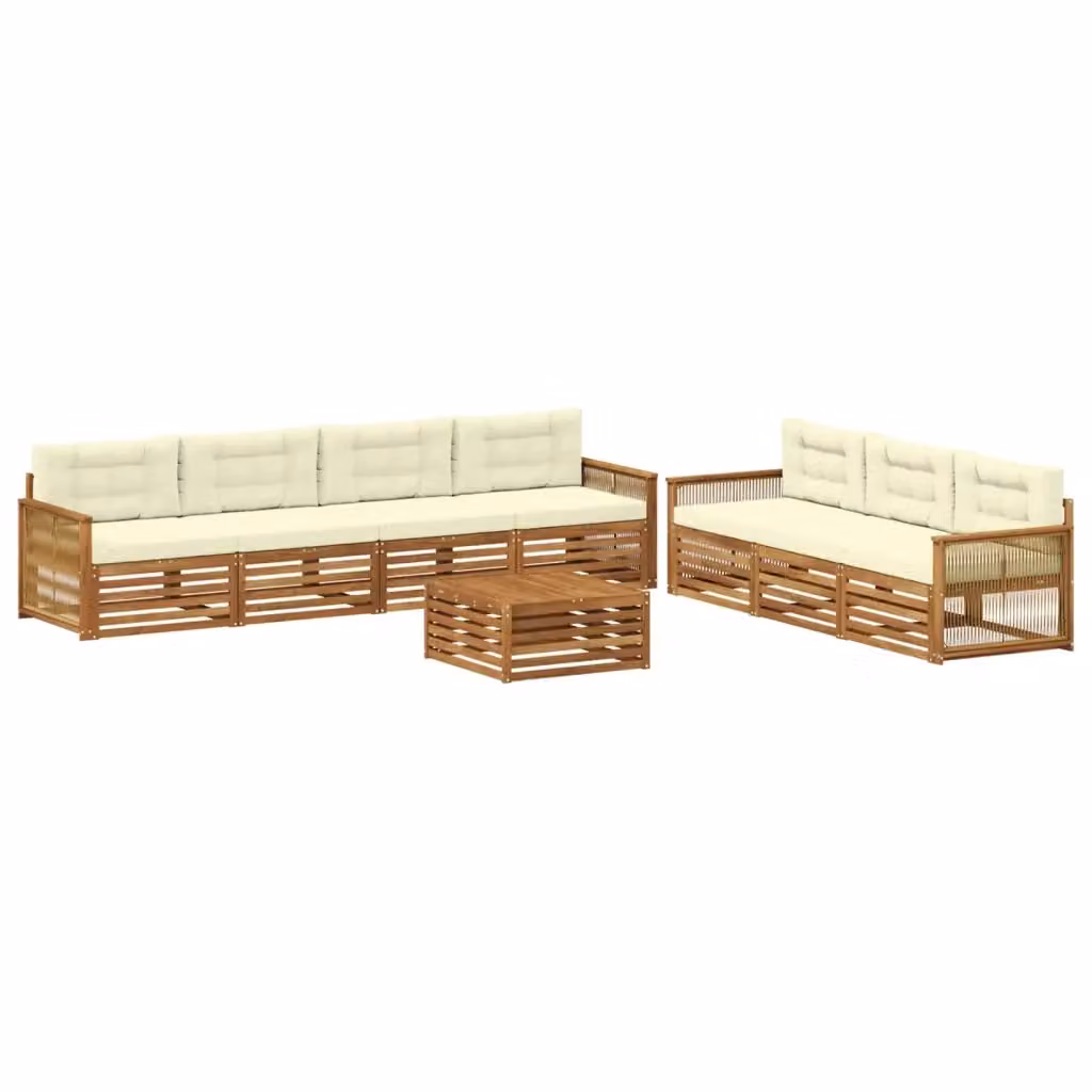 Set di mobili da esterno vidaXL composto da 8 pezzi con divano a tre posti, tavolino da caffè e cuscini in legno di acacia trattato, colore beige e bianco – 2