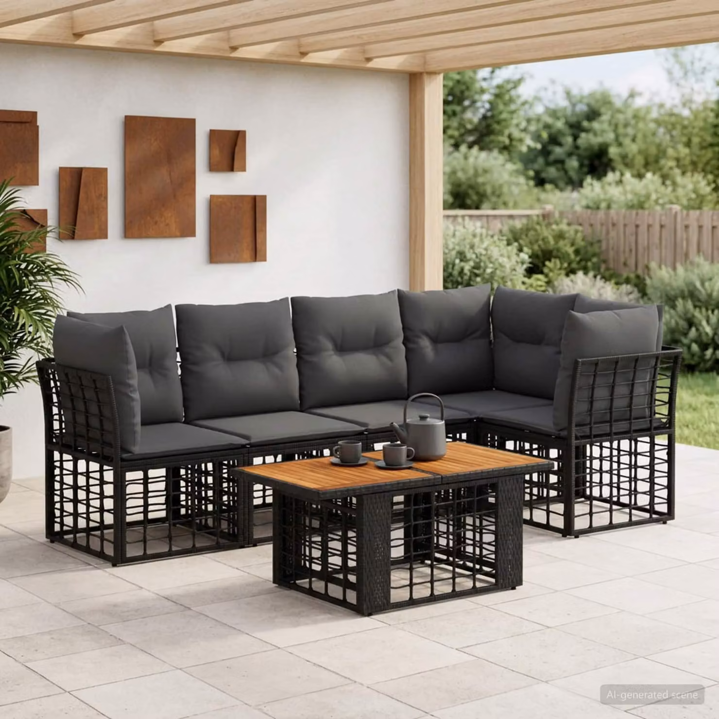 Set Divano da Giardino vidaXL 6 pz in Polyrattan con Tavolino e Cuscini, Design Moderno a L, Nero e Grigio