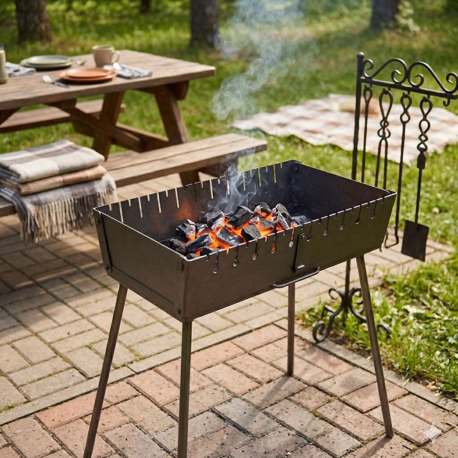GOROCH Griglia portatile per carbone, ideale per spiedini, realizzata in acciaio da 3 mm, adatta per 10 spiedini, pieghevole, perfetta per campeggio, giardino e barbecue all'aperto