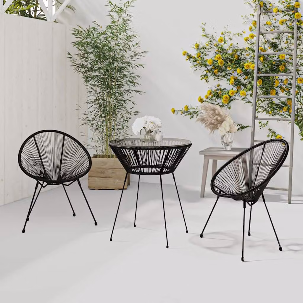 Set da pranzo per giardino e terrazzo vidaXL in polyrattan e vetro nero con tavolo rotondo e 3 sedie moderne