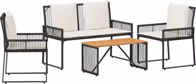Set di mobili da esterno 4 pezzi DESIGN IN in polyrattan con struttura in metallo e cuscini, colore nero e bianco crema