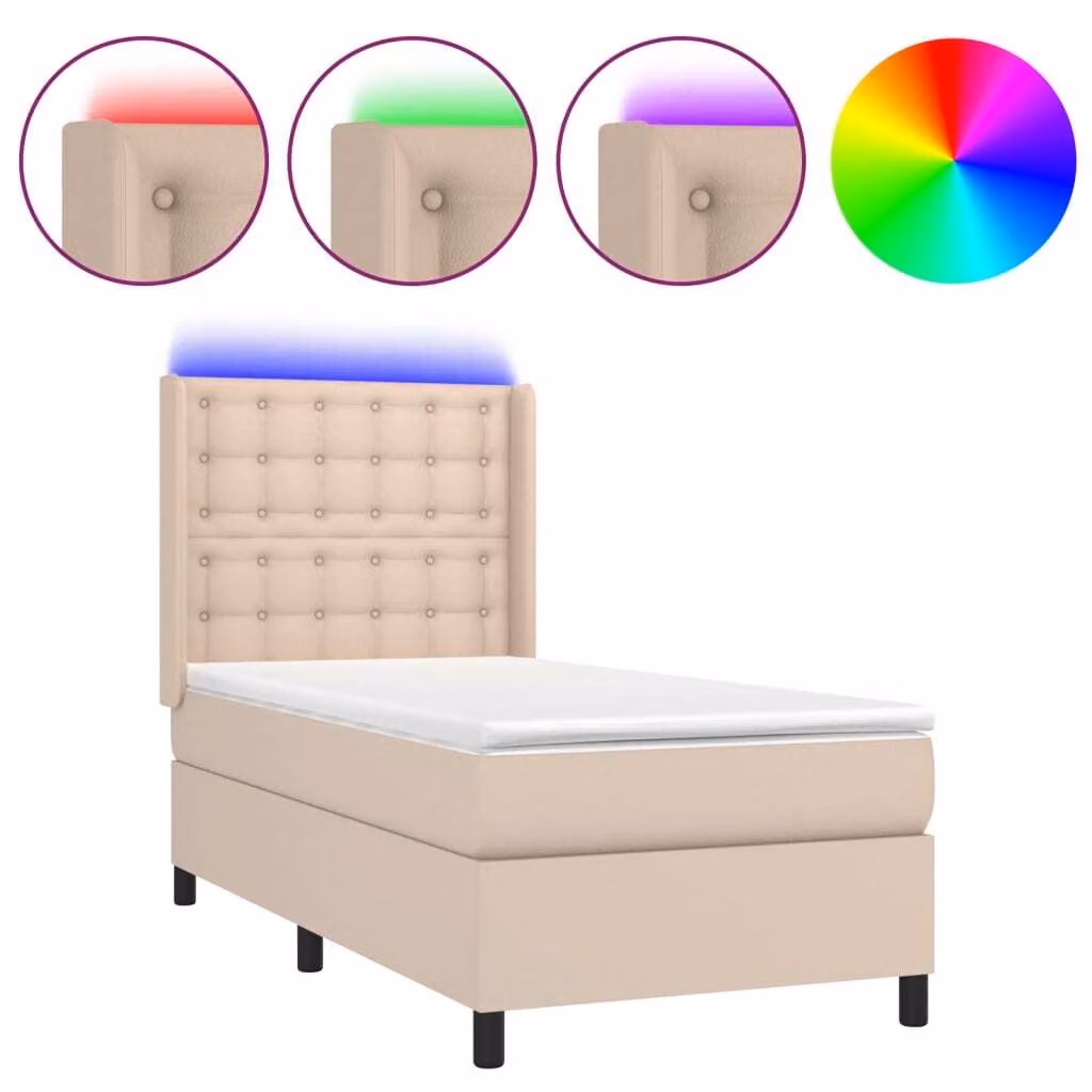 Giroletto Molle Materasso e LED Cappuccino 90x190 cm Pelle finta