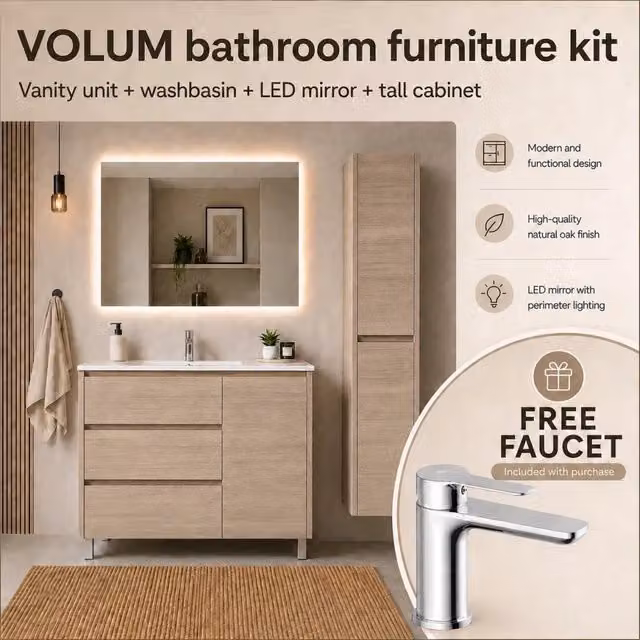 Set mobile bagno moderno DUCHA beige con lavabo, specchio con illuminazione LED e colonna, L: 80 cm, P: 45 cm, H: 140 cm