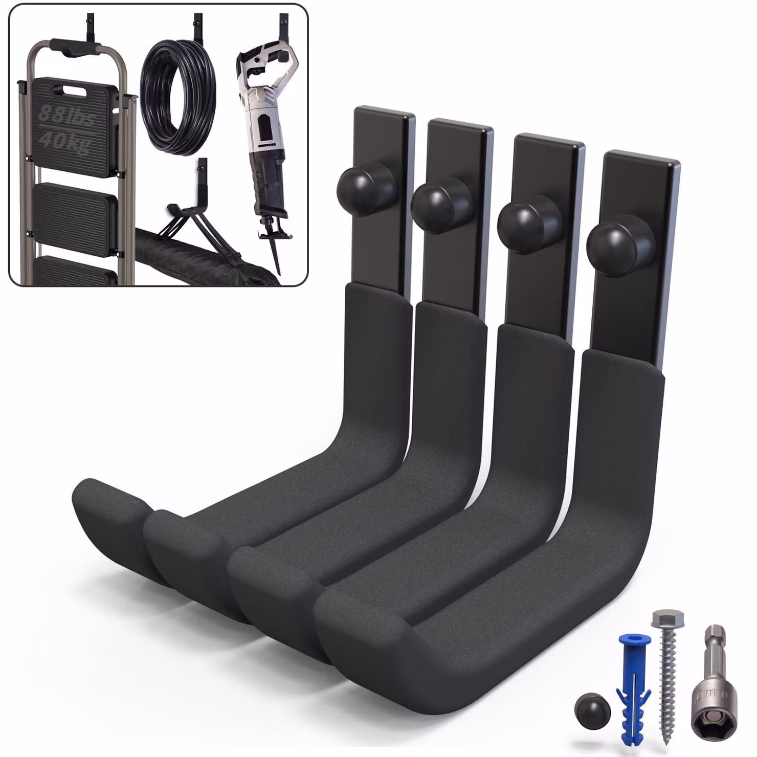Omgoods - Confezione da 4 ganci robusti per parete del garage - Ganci a J resistenti, ideali per scale e attrezzi da giardino