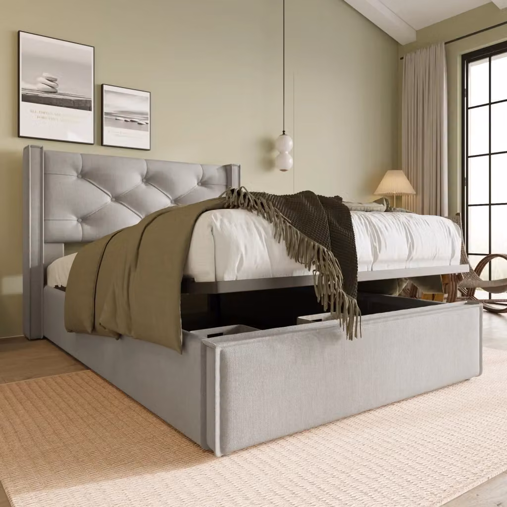 Letto contenitore singolo con testiera imbottita e rete sollevabile, materasso incluso, grigio, L/P/H: 90 x 200 x 45 cm – 2