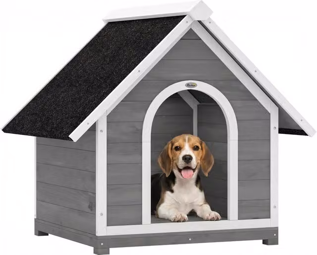 Casetta per cani da esterno Minimal in legno di abete laccato, Grigio e Bianco, L 84 cm x P 101 cm x H 86 cm