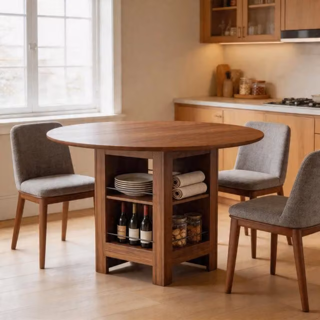Tavolo da pranzo rotondo Mivray in MDF laminato marrone con base a colonna centrale, ideale per la tua zona pranzo moderna, Diametro: 100 cm, Altezza: 76 cm – 1