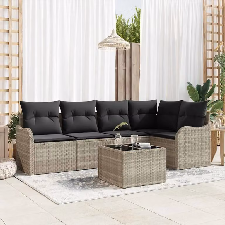 Set Divano da Giardino a L vidaXL 6 pz Grigio con Cuscini e Tavolino in Polyrattan e Metallo