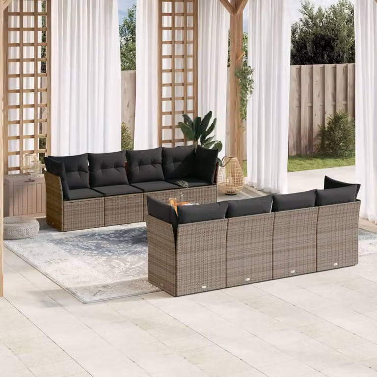 vidaXL Set Divano da Giardino 9 pz a Forma di L in Polyrattan con Cuscini e Tavolino da Caffè, Grigio e Marrone