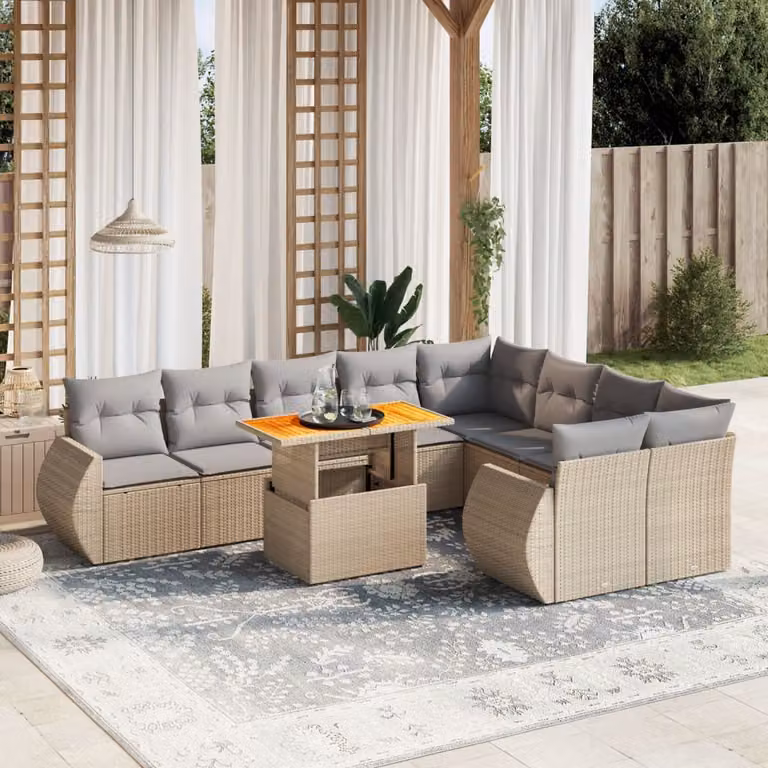 vidaXL Set Divano da Giardino a L 10 pz con Cuscini Beige e Tavolino, Struttura in Metallo e Legno di Acacia