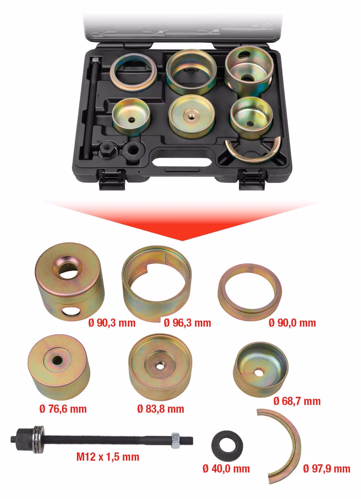 KS TOOLS Set di utensili per cuscinetti silenziosi per asse posteriore VAG 11 pezzi - 700.2100
