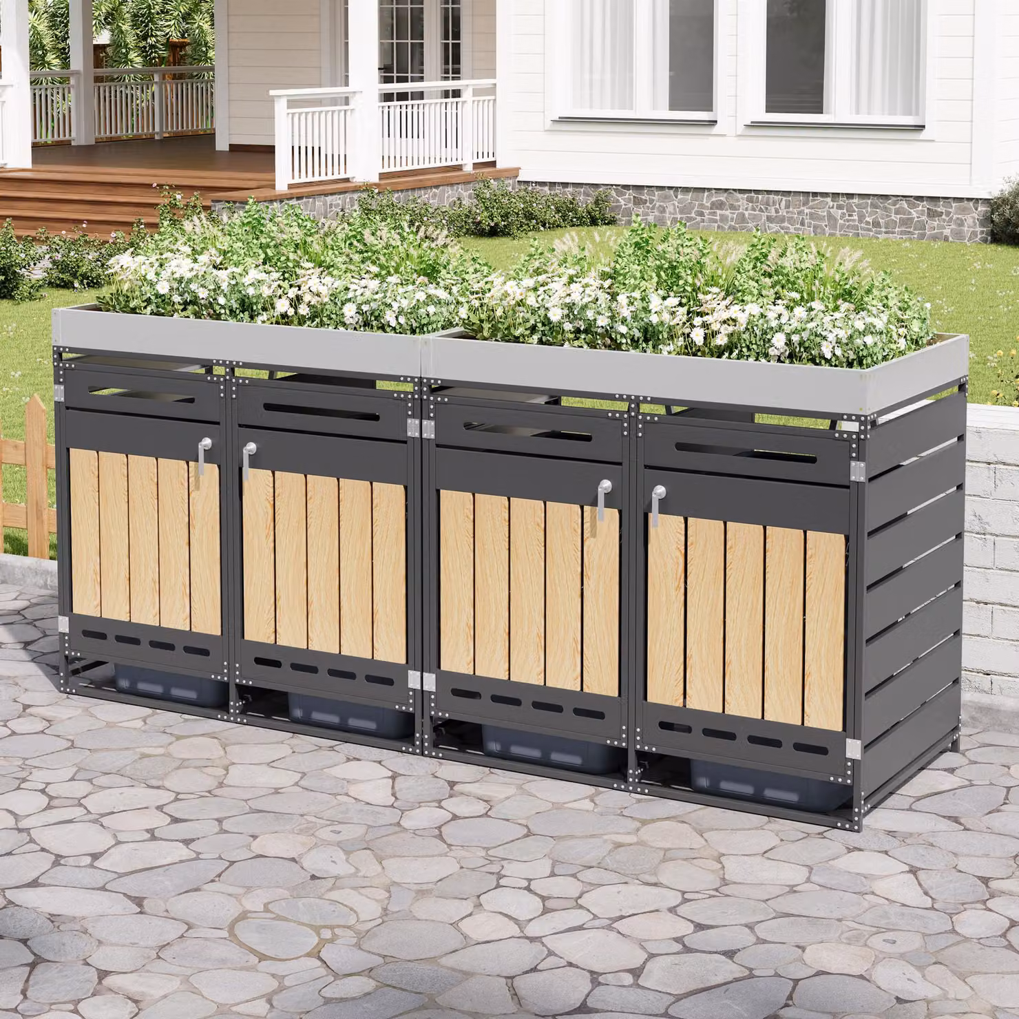 Merax: struttura per bidoni della spazzatura con 2 fioriere, rivestimento in metallo con serratura, sistema di ventilazione ed effetto legno, struttura da giardino resistente alle intemperie, colore nero