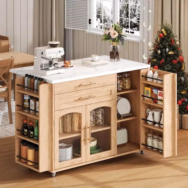 Isola cucina mobile con piano pieghevole; MDF e truciolare FSC; 5 ruote bloccabili; 138 x 70 x 90 cm