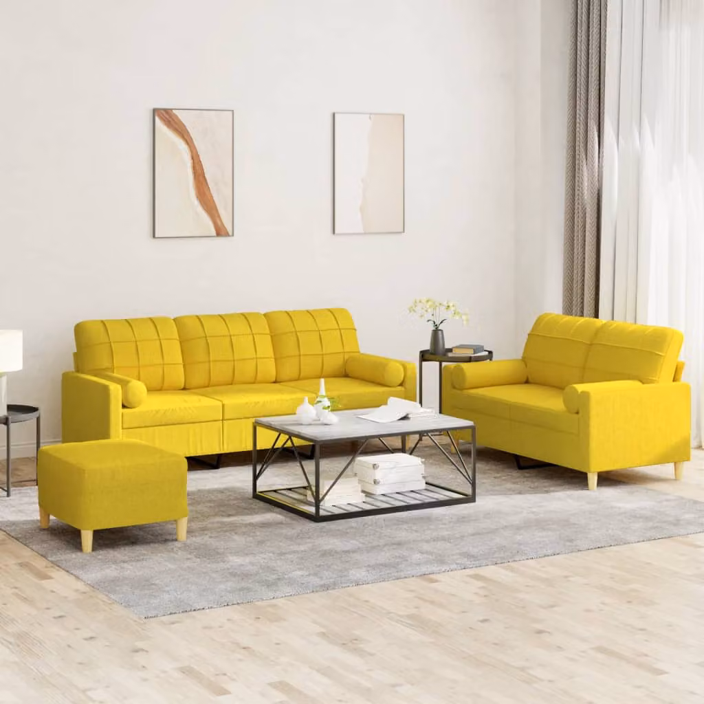 Set di divani vidaXL 3 pezzi in tessuto giallo con pouf e cuscini per soggiorno moderno
