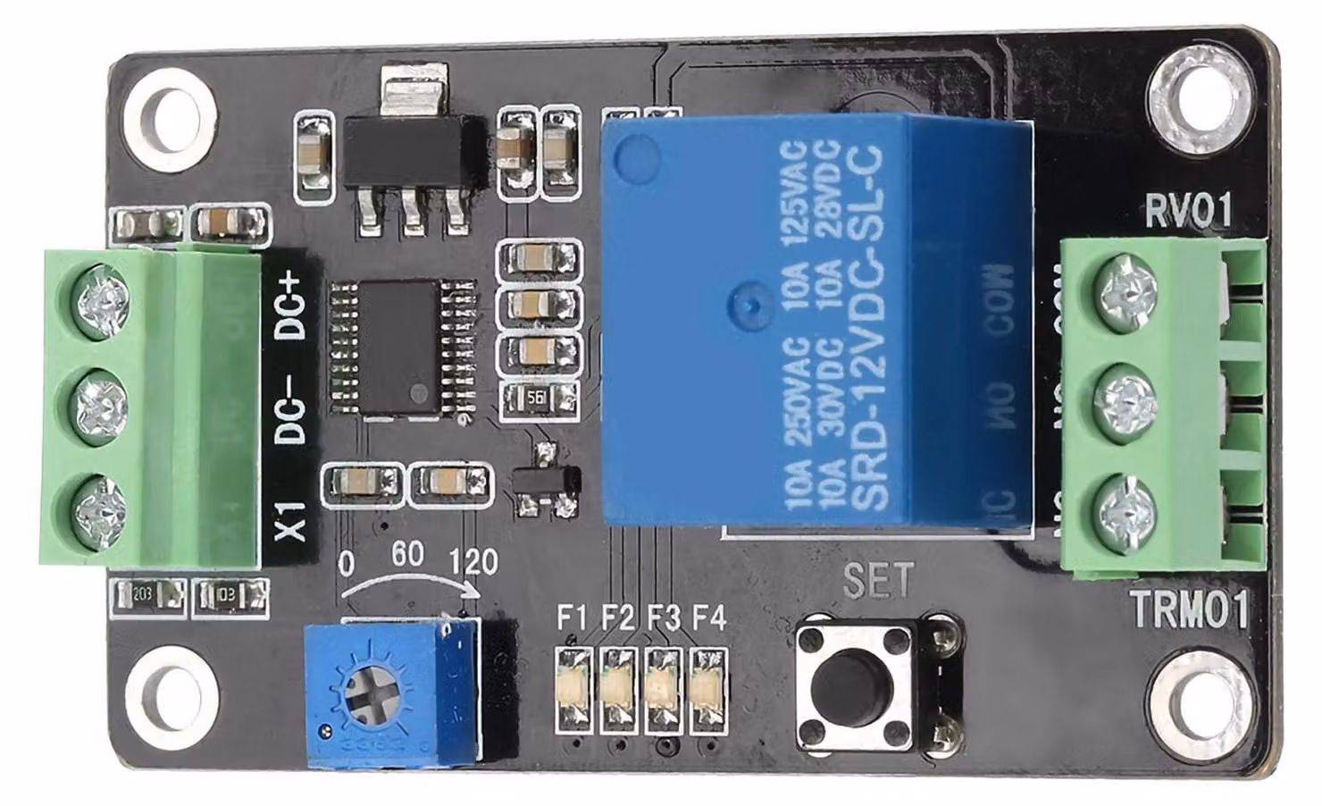 Relè ritardatore multifunzione con impostazioni di tempo regolabili, compatibile con alimentazioni DC 12V, 5V e 24V