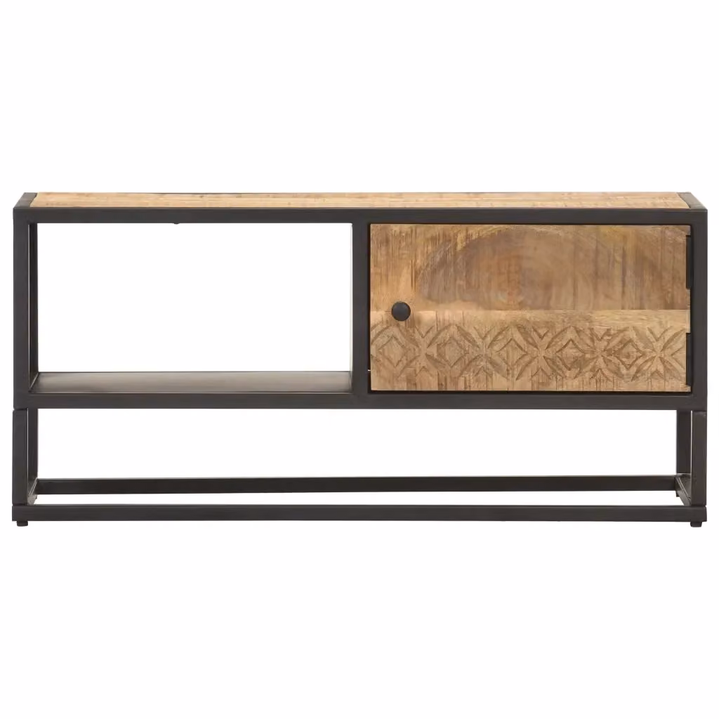 Mobile TV in legno di mango grezzo marrone con anta intagliata geometrica L 90 cm, P 30 cm, H 40 cm – 2