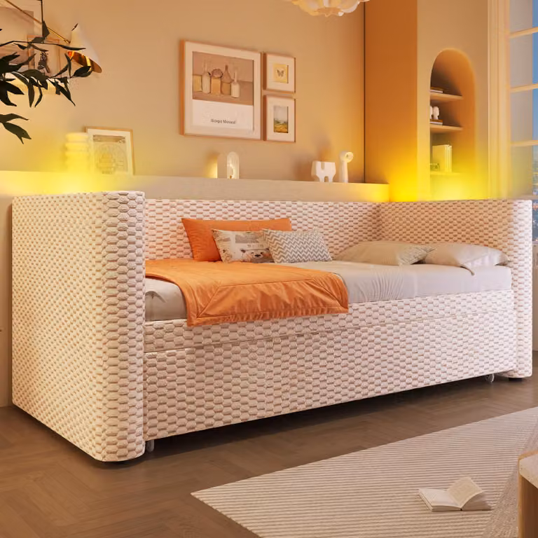 okwish divano letto 90×200 daybed letto per bambini con letto estraibile design, daybed letto pieghevole con strisce LED multicolore, beige (con materasso)