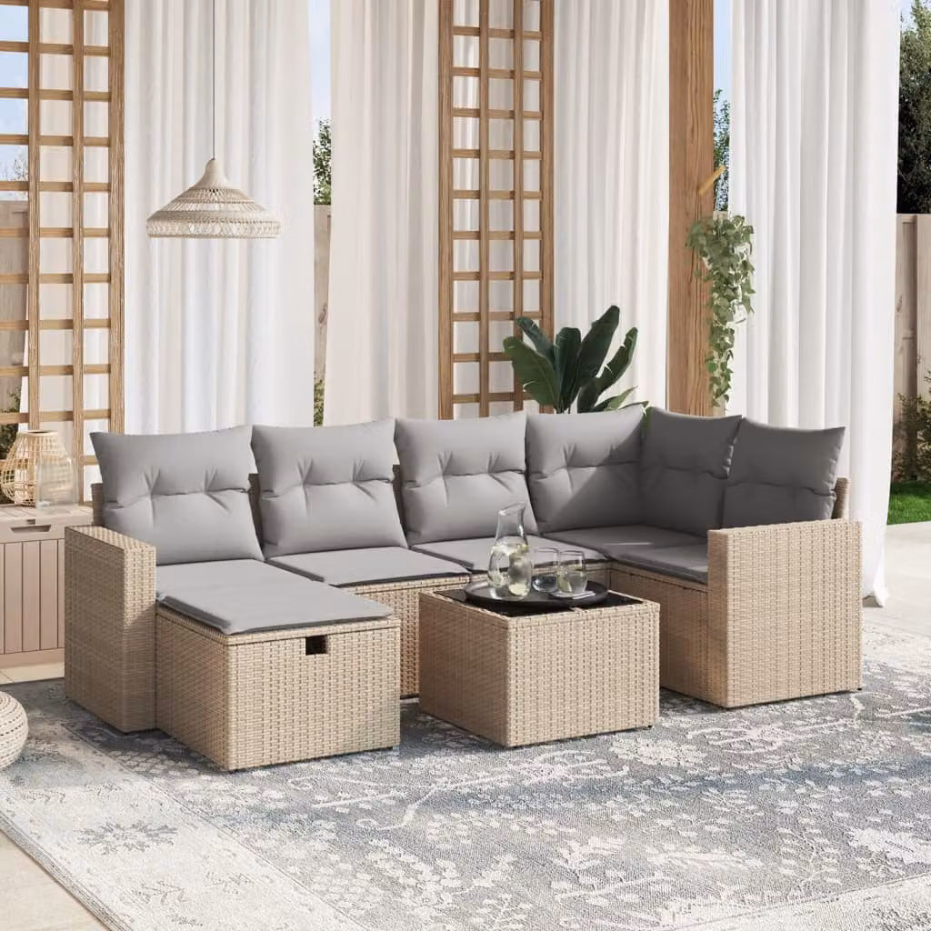 vidaXL Set Divano da Giardino 7 pz a Forma a L con Cuscini Beige e Grigio in Polyrattan e Acciaio – 1