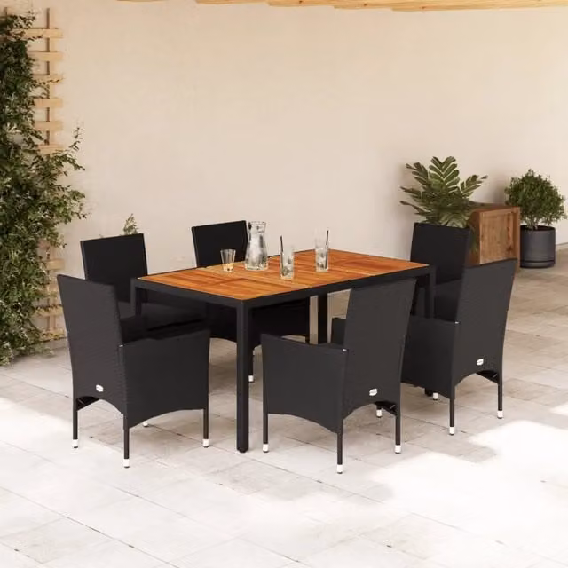 Set Pranzo da Giardino 7 pz Nero con Cuscini Polyrattan Acacia 3278672