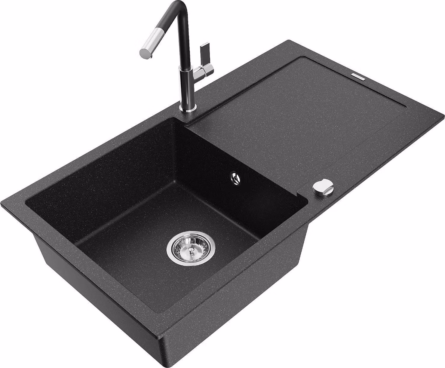 Mexen Leo lavello in granito a 1 vasca con sgocciolatoio e rubinetto da cucina Flora, nero/argento metallizzato