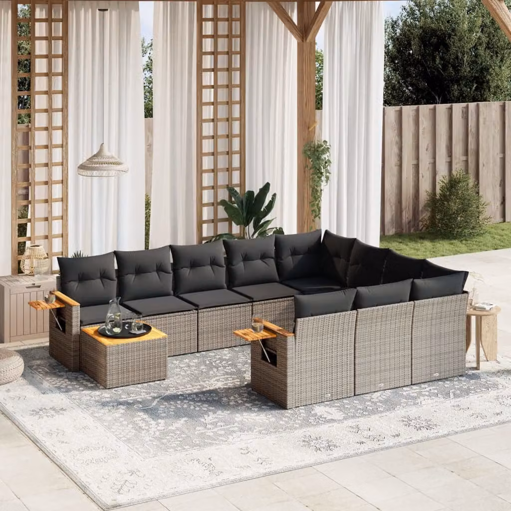 vidaXL Set Divani da Giardino 11 pz in Polyrattan Grigio con Cuscini e Tavolino da Esterno a Forma di L – 1