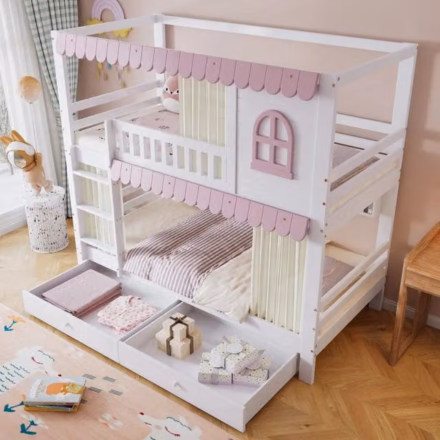 Letto a castello MIVRAY bianco con cassetti, ripiani aperti e scala a tre gradini in legno e MDF, L/P/H: 90 x 200 x 204 cm