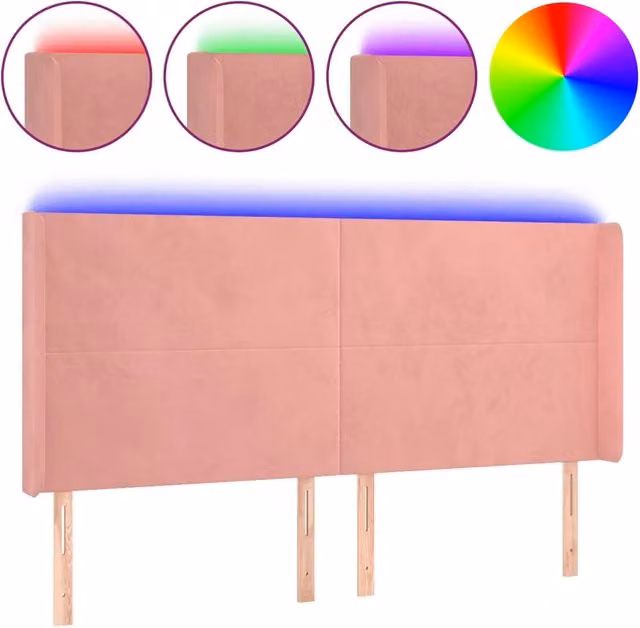 Testata del letto moderna in velluto rosa con illuminazione LED integrata e porta di ricarica USB, L: 163 cm, P: 16 cm, H: 118-128 cm – 1