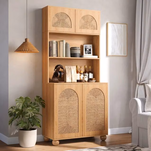 Credenza alta con vani aperti e porte intrecciate; 80x40x180 cm; MDF e truciolare; naturale