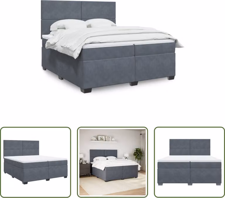 The Living Store Letto a molle con materasso grigio scuro 200x200 cm in velluto