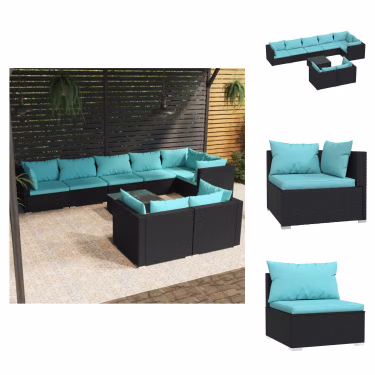 vidaXL Set 9 pezzi da giardino con cuscini in poly rattan nero - Set di mobili da giardino