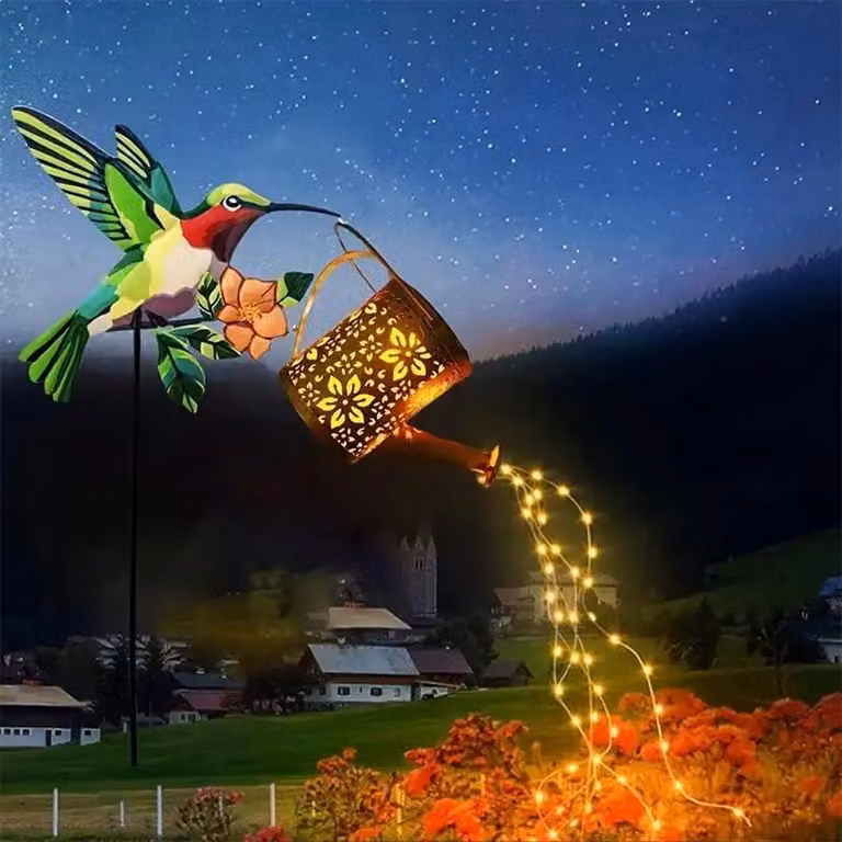 Annaffiatoio solare "Vogel", decorazione da giardino in ferro, con luci LED, dimensioni 73x22x19 cm