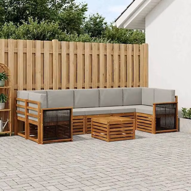 Set di divani da esterno a L vidaXL in legno di acacia con tavolo da caffè, 8 pezzi, beige e grigio – 1