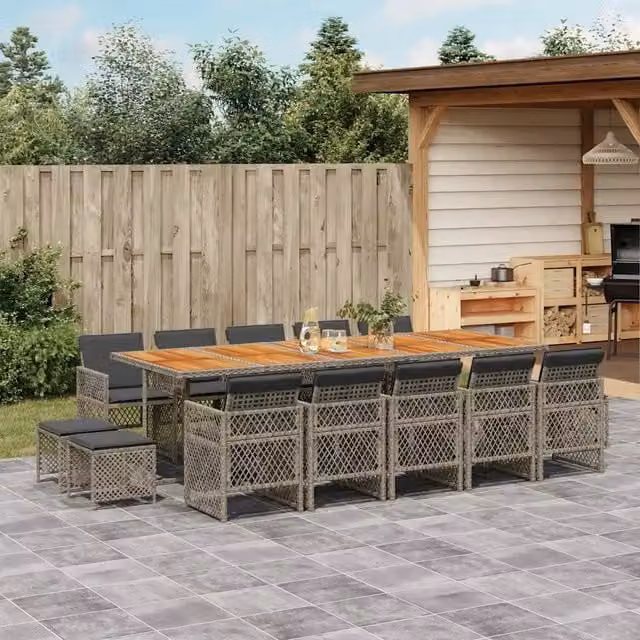 Set da Pranzo da Giardino vidaXL in Polyrattan e Legno di Acacia, 15 Pezzi, Grigio e Marrone – 1