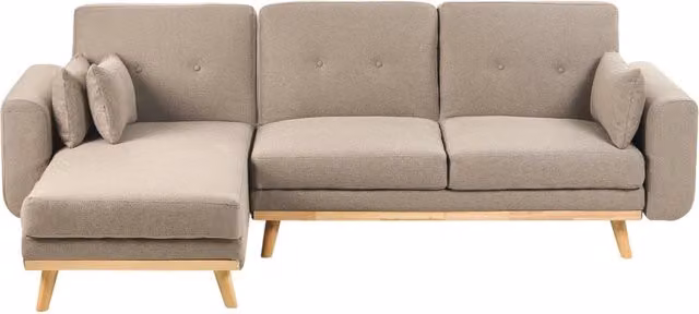 Divano Angolare ad Angolo Destro Marrone Chiaro in Tessuto Imbottito a L con Seduta Trapuntata Cuscini Decorativi e Funzione Letto