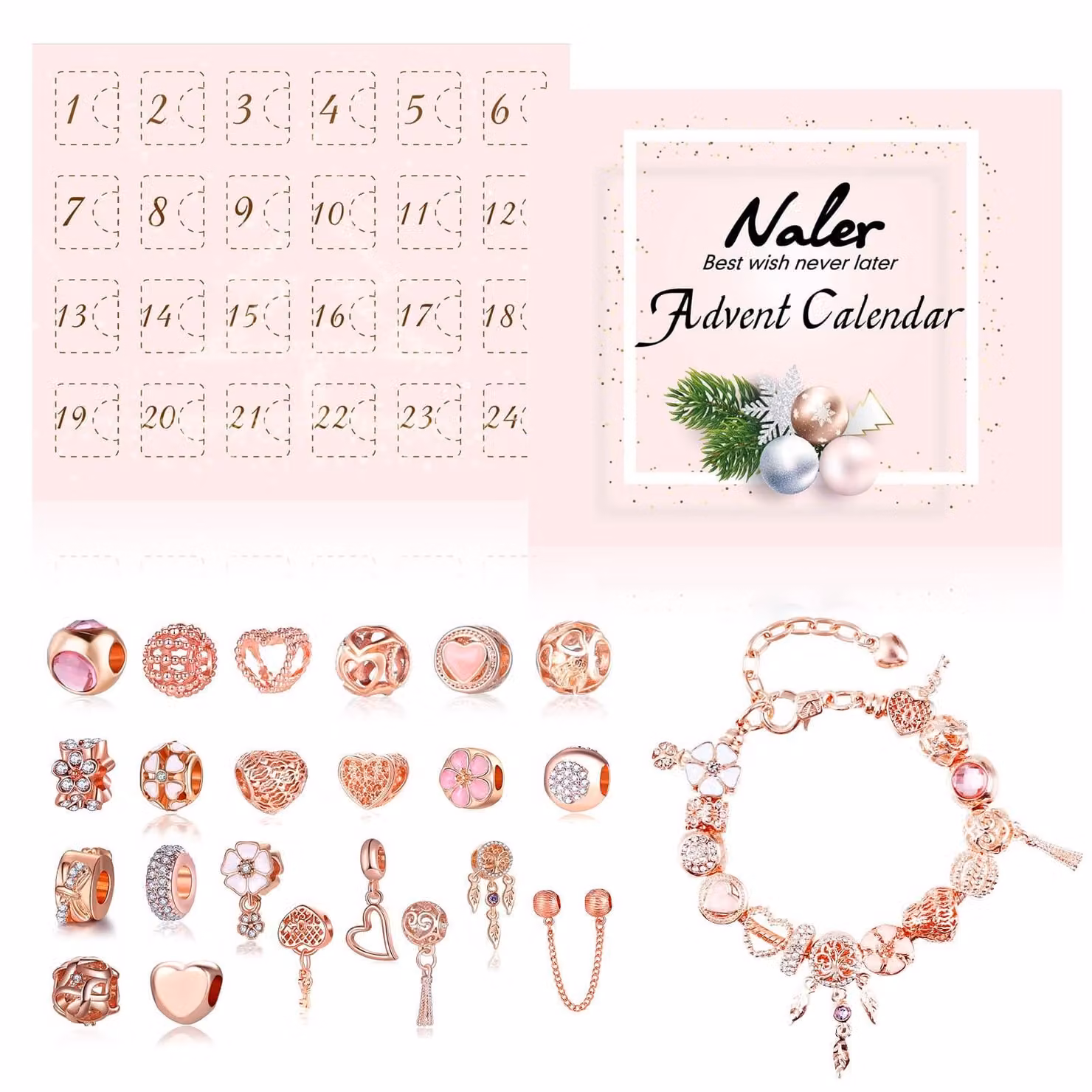 Calendario dell'Avvento con 24 gioielli e un braccialetto, in rosa oro